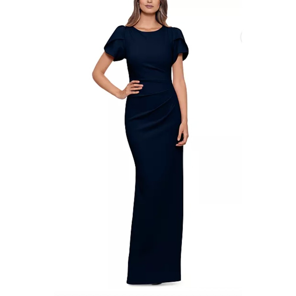 XSCAPE Formal Gown Dress Womens 4 Blue Ruched Puff Sleeve Scuba Crepe Fit Flare